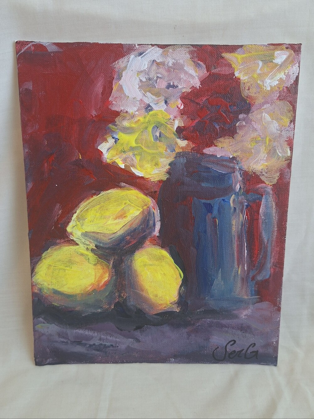 Lemons and flower vase colorful expressionist 8x10 canvas board